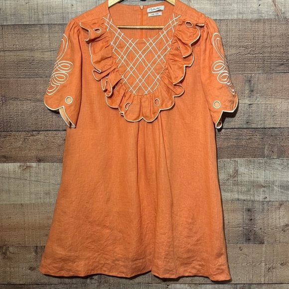 Innika Choo Dresses & Skirts - Innika Choo Linen Mini Dress Embroidered Ruffle Yoke Size 3 Babydoll